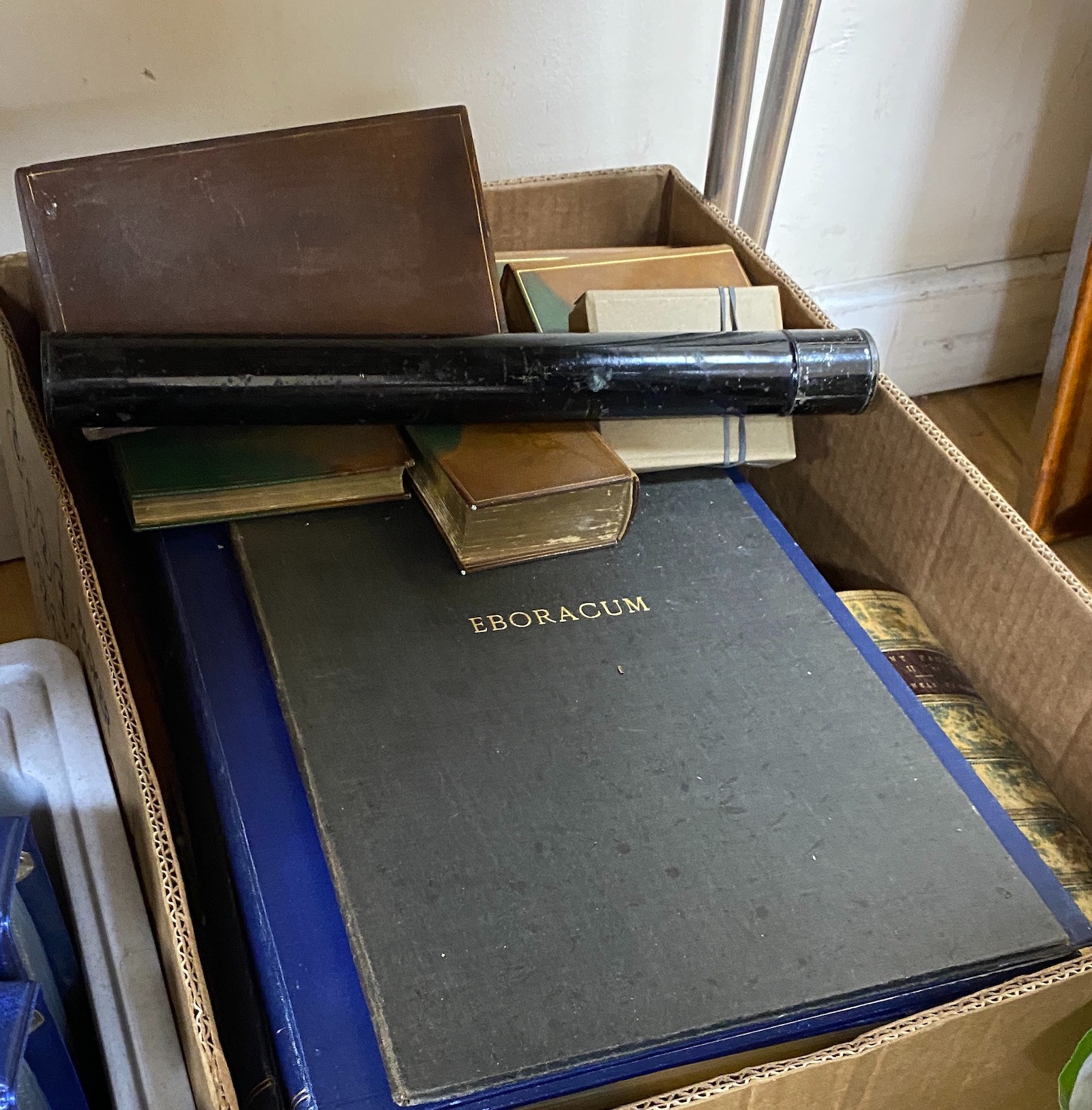 Box of books and three gamebooks/boards including Asprey's library